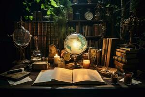 Globe and books on the table in the dark. Fairy tale concept, Immerse yourself in a writer's haven, with a desk adorned with books, a diary, and sticky notes, AI Generated photo