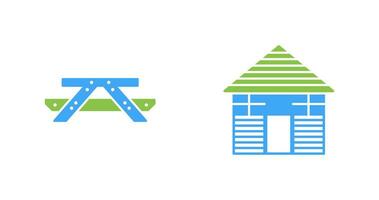 Picnic of Table and Wood Cabin Icon vector