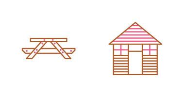 Picnic of Table and Wood Cabin Icon vector