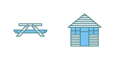 Picnic of Table and Wood Cabin Icon vector