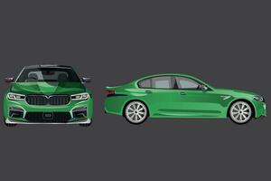 New car, modern stylish sedan. metallic green sedan, banner composition. 3D illustration. Realistic vector blue car with gradients and perspective from the side and front