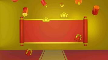 3D gold background with chinese new year with red announcement roll, suitable for product promotion video