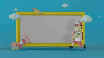 Back to school with illustration of boy riding a pencil blue background and white board 3D rendering, 3D Illustration animation loop. video