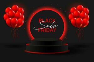 Black Friday super sale neon podium.Black 3D podium with glowing red neon circle and glitter, ballons. Banner for demonstrating products, promotions, discounts, sales. Product mockup. vector