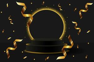 Black 3D podium with glowing gold neon circle and glitter, serpantine. Mega sale special offer Black Friday Stage Podium Scene with for Award, Decor element background.Vector illustration vector