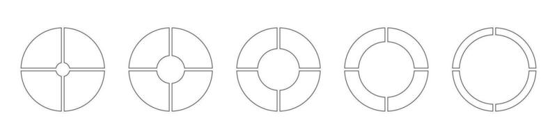 Wheels round divided in four sections. Diagrams infographic set. Circle section graph. Line art. Outline donut charts, pies segmented on 4 equal parts. Pie chart icon. Geometric vector simple element.