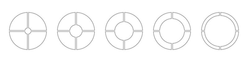 Wheels round divided in four sections. Diagrams infographic set. Circle section graph. Line art. Outline donut charts, pies segmented on 4 equal parts. Pie chart icon. Geometric vector simple element.