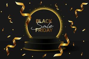 Black Friday super sale neon podium.Black 3D podium with glowing gold neon circle and glitter, serpantine. Banner for demonstrating products, promotions, discounts, sales,mockup.Vector illustration. vector