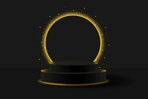 Mega sale special offer Black Friday Stage Podium Scene with for Award, Decor element background.Black 3D podium with glowing gold neon circle and glitter. Vector illustration