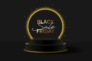 Podium 3d neon light sale Black Friday with glowing gold neon circle and glitter.Special offer mega sale on podium.Banner for demonstrating products, promotions, discount, mockup. Vector illustration