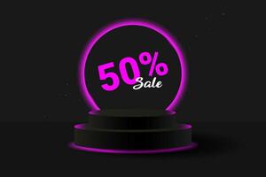 Black 3D podium with glowing pink neon circle and glitter. Banner for demonstrating products, promotions, discounts, sales. Product mockup.Black Friday super sale 50 neon podium. vector