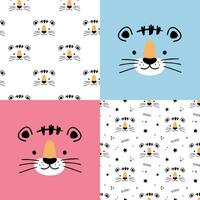 Set of Cute Little Tiger patterns. Hand drawn Little Tiger in doodle style for designing baby clothes. Cartoon Bohemian nursery print. Kids design texture. Vector illustration.