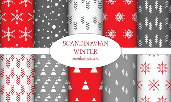 conjunto de invierno mano dibujado patrones en escandinavo estilo. festivo patrones para envase papel, tela, tarjetas vector ilustración