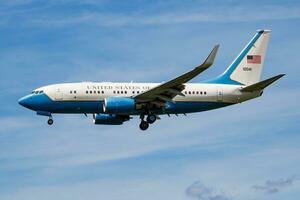 US Air Force vip passenger plane at airport. Presidental flight. Aviation and aircraft. Government transport. Global political transportation. Fly and flying. photo