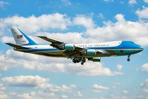 US Air Force One vip passenger plane at airport. Presidental flight. Aviation and aircraft. Government transport. Global political transportation. Fly and flying. photo