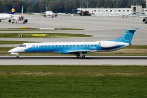 Civilian plane at airport. Business jet and aircraft. Commercial and general aviation. Aviation industry. Fly and flying. photo