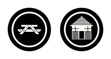 Picnic of Table and Wood Cabin Icon vector