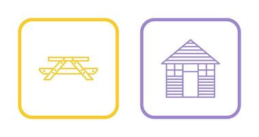 Picnic of Table and Wood Cabin Icon vector