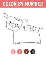 Color by number game for kids. Childish cute pig in naive style. Farm coloring page. Printable worksheet with solution for school and preschool. Learning numbers activity. Vector cartoon illustration.