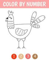 Color by number game for kids. Childish cute cock in simple scandinavian style. Farm coloring page. Printable worksheet with solution for school and preschool. Learning numbers activity. vector