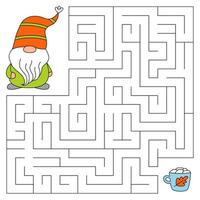 Thanksgiving day maze game for kids. Cute gnome looking for a way to the cup of cocoa with marshmallows. Happy thanksgiving. Doodle cartoon style. Printable worksheet. vector
