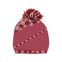 Cute hand drawn winter hat with pompom. Vector illustration of knitted doodle headwear for cold weather. Burgundy cap