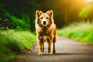 a dog is standing on a road in the middle of a field. AI-Generated photo