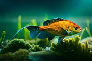 a fish in an aquarium with plants and algae. AI-Generated photo