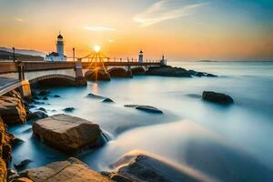 a lighthouse at sunset with rocks and water. AI-Generated photo