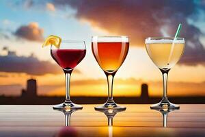three glasses of different drinks with sunset in the background. AI-Generated photo