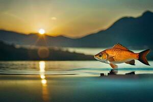 a fish is standing on the water at sunset. AI-Generated photo