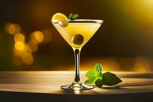 a cocktail with a lemon slice and mint. AI-Generated photo