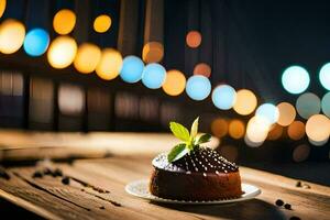 a chocolate cake on a plate with lights in the background. AI-Generated photo