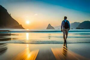 un hombre caminando en el playa a puesta de sol. generado por ai foto