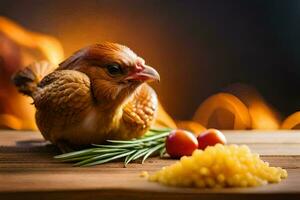 a chicken is sitting on a table with a bowl of food. AI-Generated photo