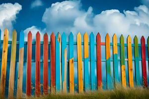 a colorful fence with blue sky and clouds. AI-Generated photo