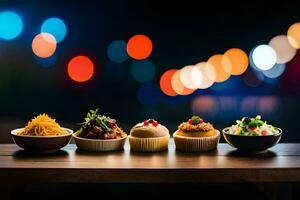 un fila de comida en un mesa con luces en el antecedentes. generado por ai foto