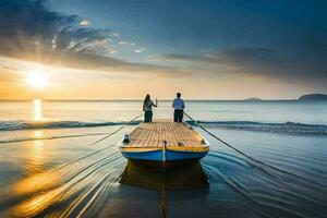 a couple standing on a boat in the ocean at sunset. AI-Generated photo