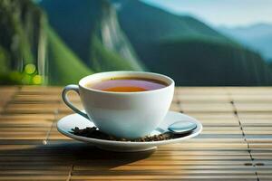 un taza de té en un bambú mesa. generado por ai foto