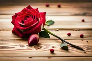 a single red rose on a wooden table. AI-Generated photo