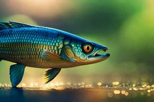 a fish is standing on the water with a green background. AI-Generated photo