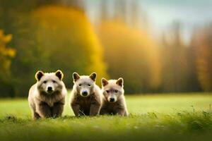 three brown bears standing in the grass. AI-Generated photo