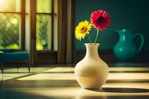 a vase with two flowers sitting on a wooden floor. AI-Generated photo