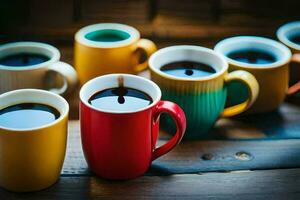 un grupo de café tazas con negro líquido en a ellos. generado por ai foto