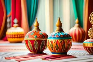 colorful decorative vases on a table with curtains. AI-Generated photo