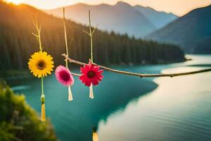 colorful flowers hanging from a branch over a lake. AI-Generated photo