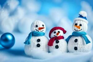 three snowmen are wearing knitted hats and scarves. AI-Generated photo
