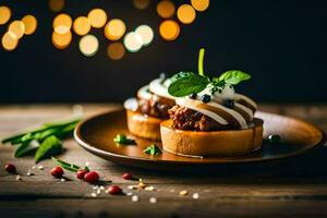 food on a plate with a christmas tree in the background. AI-Generated photo