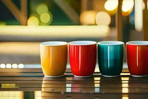 four colorful cups sit on a table. AI-Generated photo