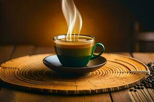 a cup of coffee on a wooden table. AI-Generated photo